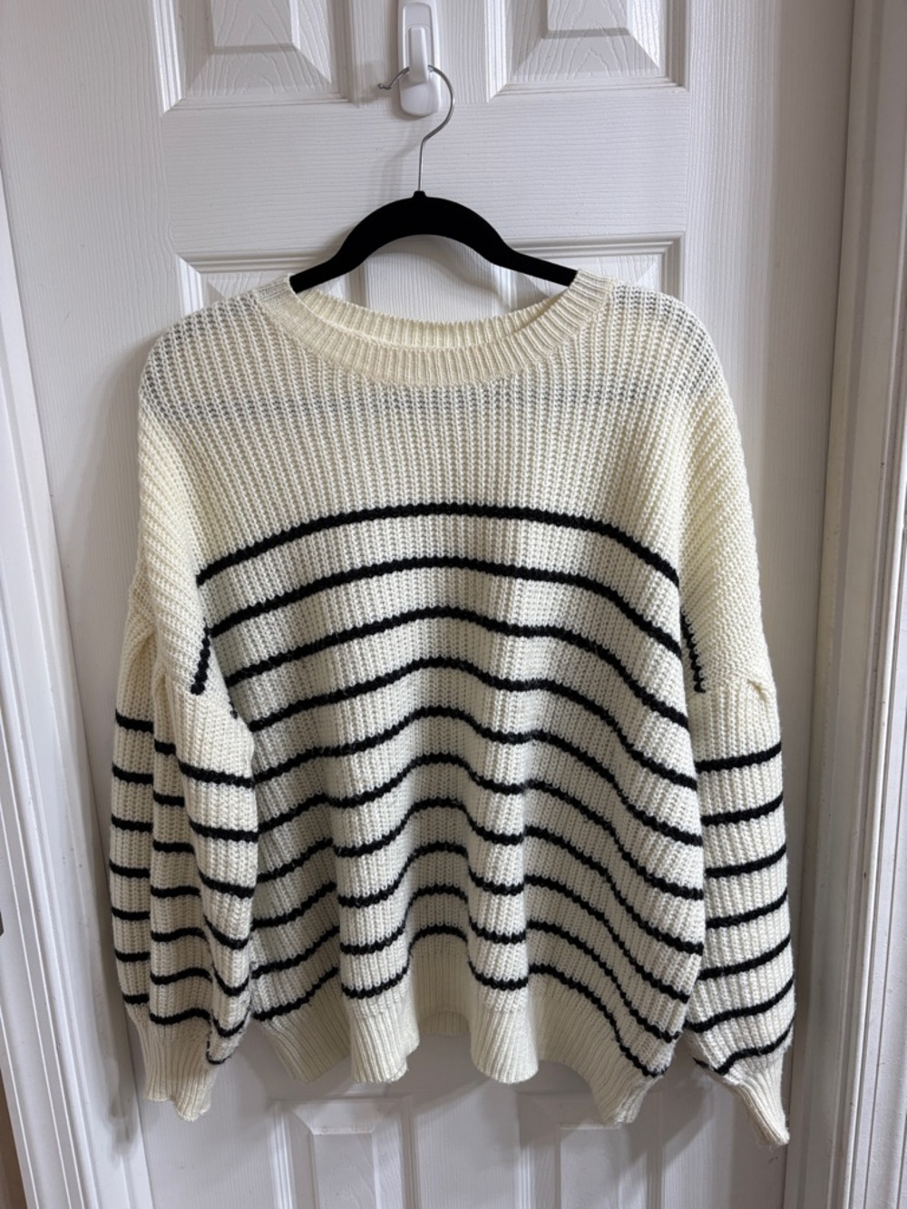 Women's Cream and Black Striped Crewneck Sweater